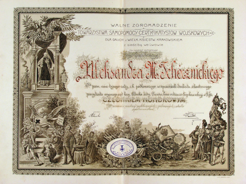 ALEKSANDER MN1SZEK-TCHORZNICKI - Dyplom honorowego członka Towarzystwa Samopomocy Certyfikatystów Wojskowych