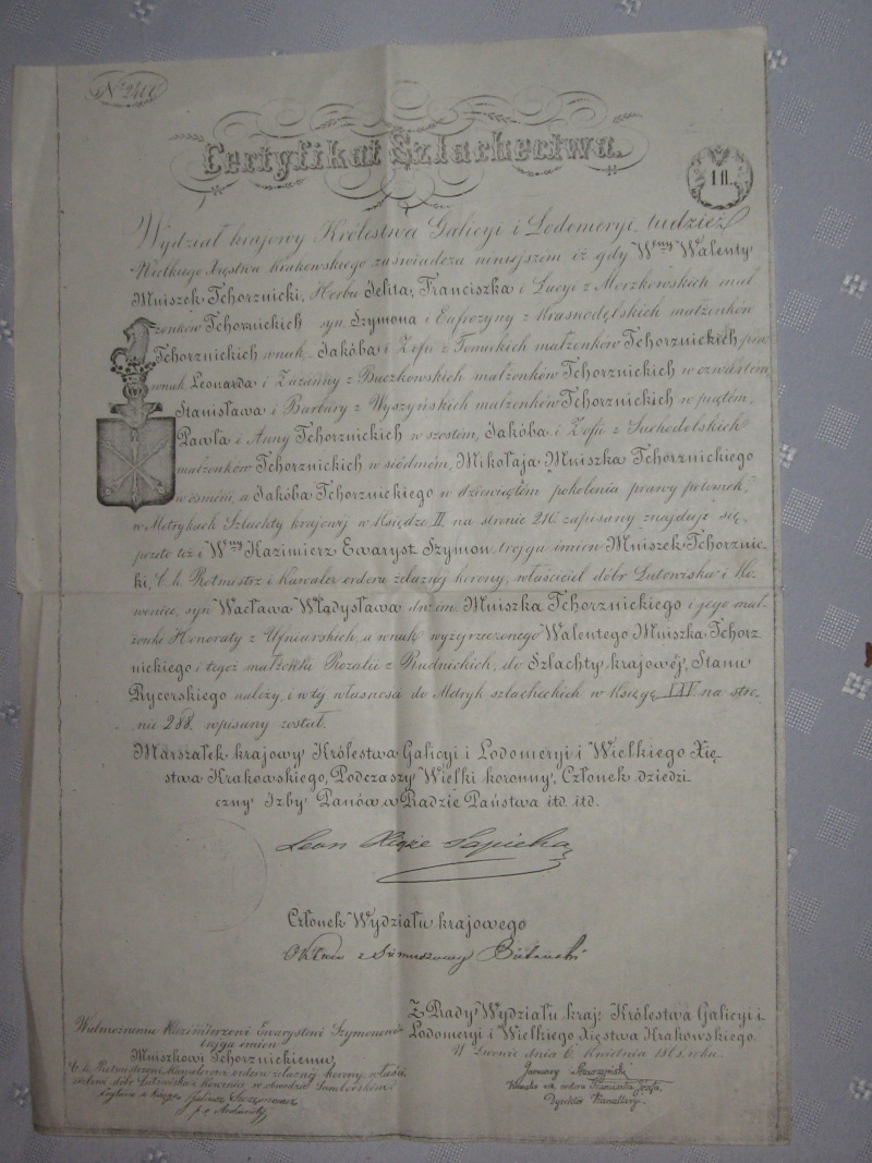 Certyfikat szlachectwa Walentego Mniszek Tchorznickiego - kserokopia