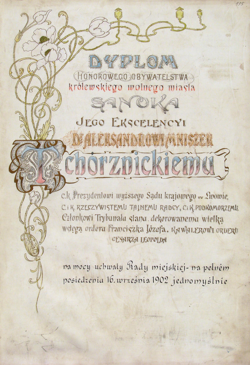 Aleksander Mniszek Tchorznicki - Dyplom honorowego obywatelstwa miasta Sanoka