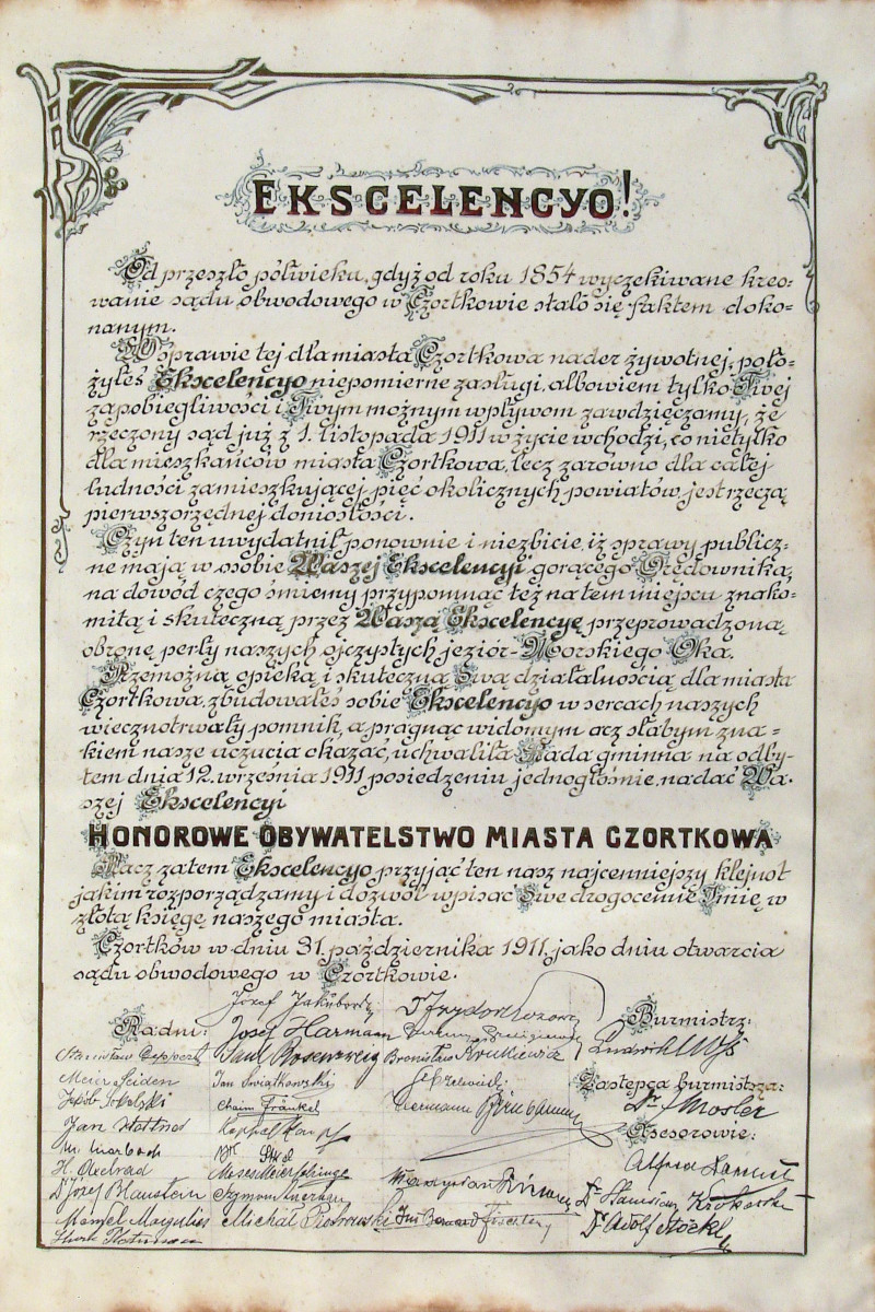 ALEKSANDER MN1SZEK-TCHORZNICKI - Dyplom honorowego obywatelstwa miasta Czortkowa