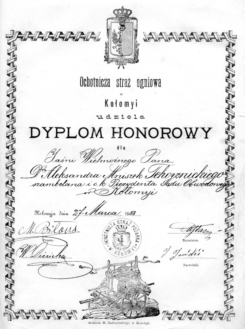 Aleksander Mniszek Tchorznicki - Dyplom Honorowy Ochotniczej Straży Ogniowej w Kołomyi